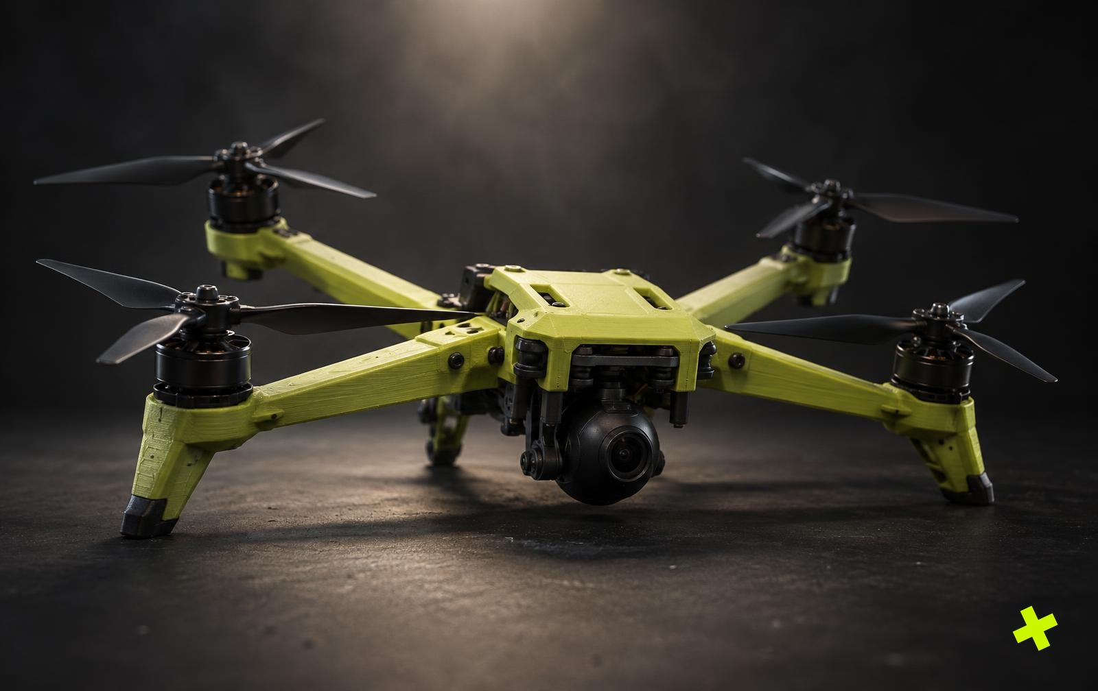 Limoengele 3D-geprinte deadcat-drone met gimbal-camera onderaan